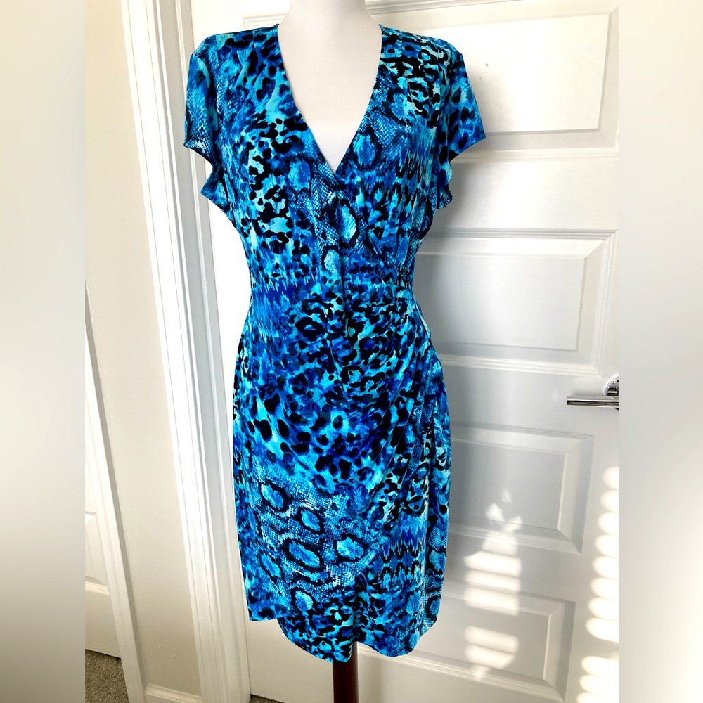 Cache dress. Sz XL fits like a 10/12. Blue black snake leopard print. Worn once.